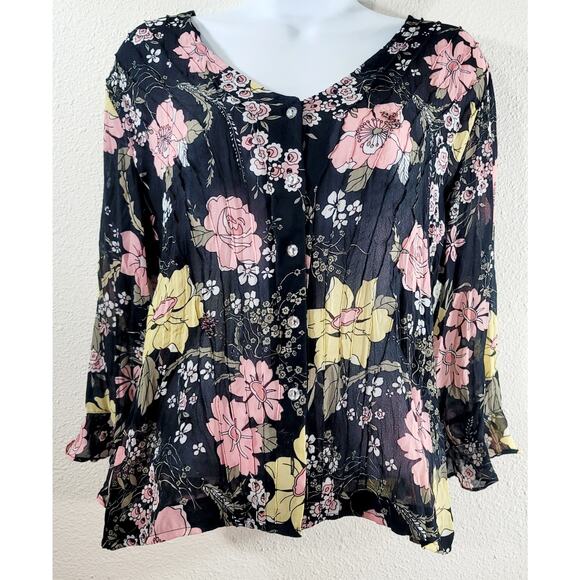 Violet & Claire Black Pink Yellow Floral Button Up Pleated Top PL Lightweight - Picture 1 of 9